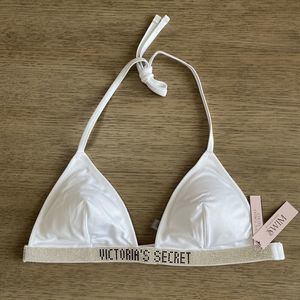 Victoria’s Secret Logo Bling Shine Strap Swim Triangle Bikini Top M White